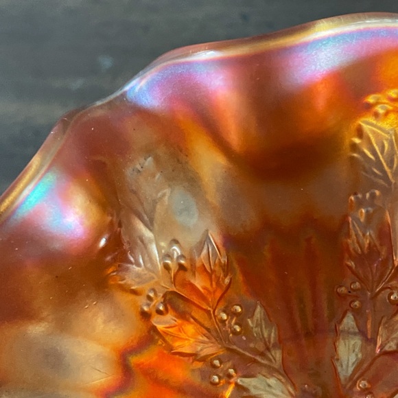 VTG Fenton Marigold Iridescent Mid-Century Carnival Glass Footed Compote Holly - Picture 9 of 10